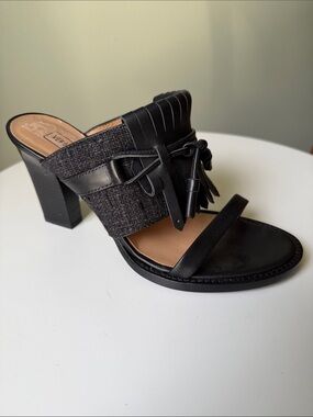 Veronique Branquinho Black Fringe Mule Sandals Block Heel Slides EU 37.5 Flaw